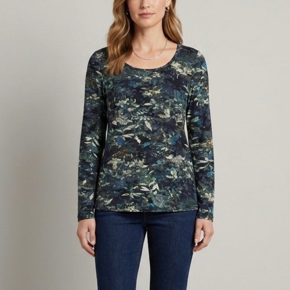 NEW Peruvian Connection Twilight Tee Pima Cotton Floral Long Sleeve Navy Small